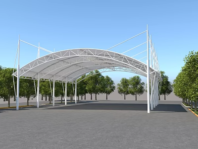 Tensile Membrane Shade Structure with Metal Frame Surrounded by Trees Under Blue Sky 3d model