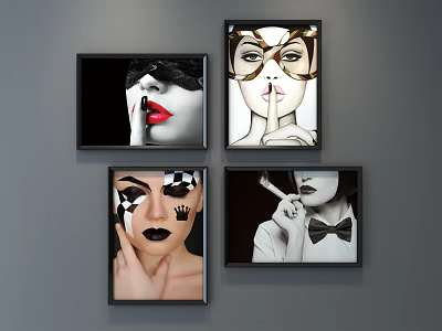Modern Portrait Paintings Set of Four on Gray Wall With Bold Makeup and Gestures 3d model