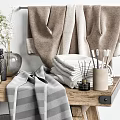 Essential Bathroom Accessories on Wooden Shelf with Towels Bottles Brushes and Wicker Basket