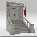 Stone Grand Entrance Door With Double Doors Red Flags Stairs And Railings