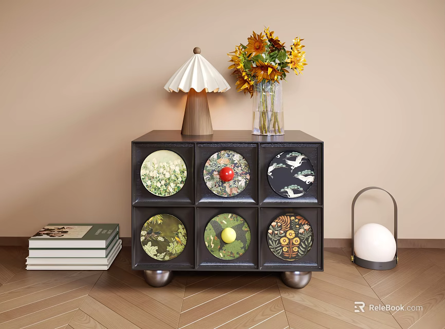 Modern Bedside Cabinet With Six Patterned Drawers White Lampshade Sunflower Vase And Stack Of Books 3d model 