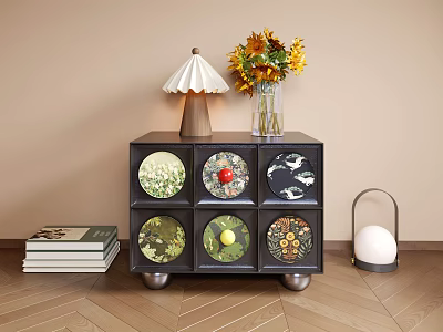 Modern Bedside Cabinet With Six Patterned Drawers White Lampshade Sunflower Vase And Stack Of Books 3d model