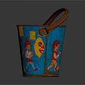Blue Decorative Bucket With Brown Handle And Colorful Children Illustrations