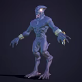 Blue Creature 3D Model Featuring Glowing Eyes Arm Ornaments Muscular Build Front And Back Views 3d model