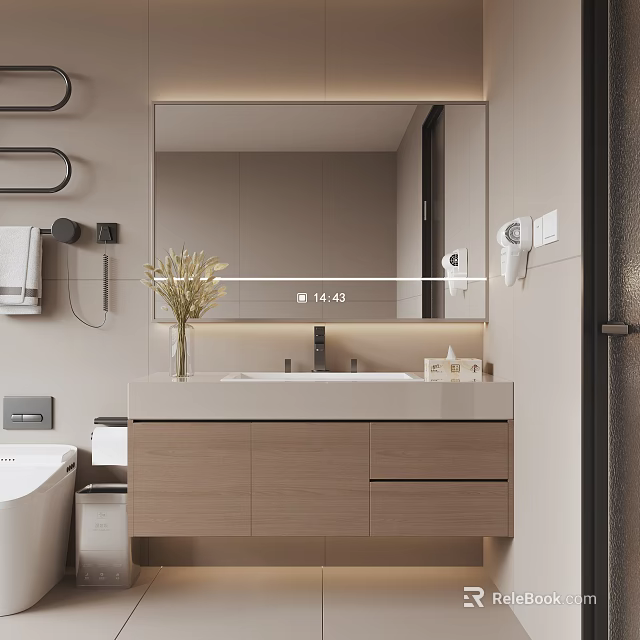 Modern Bathroom Washbasin Vanity With Wooden Cabinet Backlit Mirror Vase And Towel Rack 3d model 