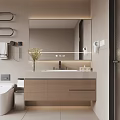 Modern Bathroom Washbasin Vanity With Wooden Cabinet Backlit Mirror Vase And Towel Rack