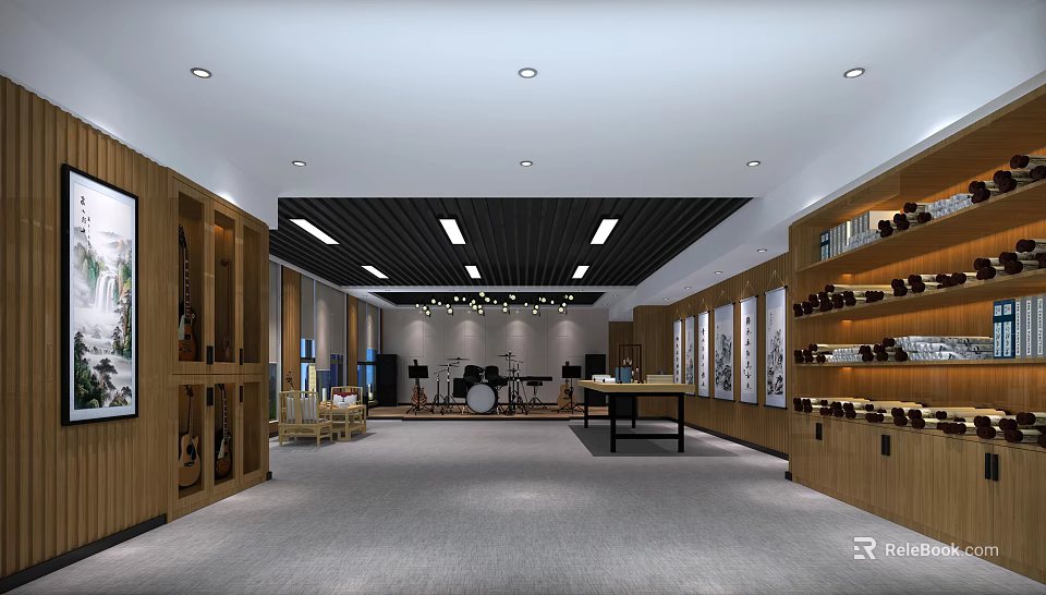 Modern Clubhouse Interior With Wooden Display Shelves Artworks Drum Set And Sofas 3d model 