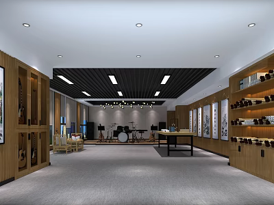 Modern Clubhouse Interior With Wooden Display Shelves Artworks Drum Set And Sofas 3d model