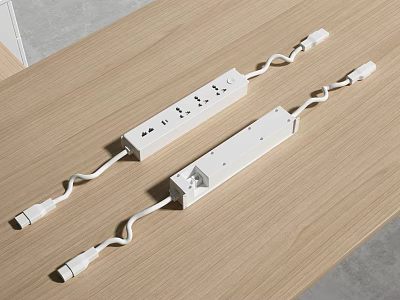 Two White Power Strips with Multiple Outlets and Curved Cords on Wooden Table 3d model
