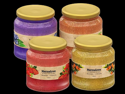 Colorful Nermalore Fruit Preserve Jars With Gold Lids And Assorted Fruit Flavors 3d model