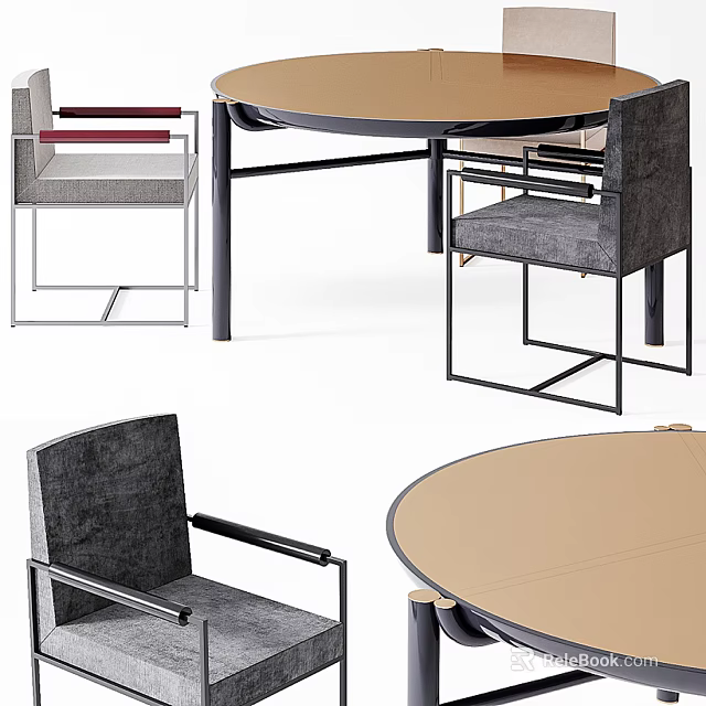 Modern Round Dining Table Set With Beige Tabletop And Gray Upholstered Chairs 3d model 