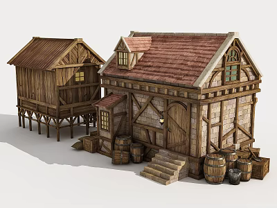European Style Architecture Featuring Red Roof Wooden Stone Structure With Barrels And Steps 3d model