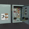 Industrial Equipment Cabinets With Warning Sign And Open Door Showing Internal Wiring Components