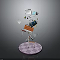 Modern Scene With Floating Books Desk Chair And Purple Checkered Base