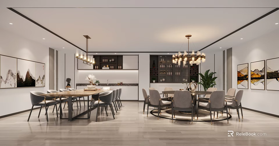 Elegant Private Dining Room Interior With Round Table Chandeliers And Gray Chairs 3d model