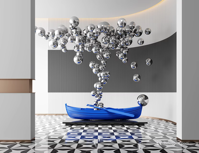Modern Interior With Silver Spheres Blue Boat And Geometric Tiles 3d model