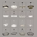 Different Stylish Chandeliers With Modern Designs Hanging In Grid Display On Gray Wall