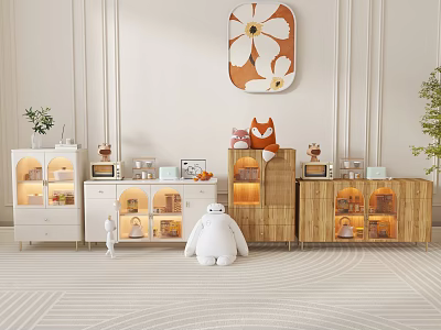 White Wooden TV Cabinet with Lit Glass Door Compartments Decorative Wall Art and Plush Toy 3d model