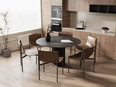 Modern Round Dining Table Set With Black Tabletop Brown Chairs And Wooden Cabinets In Kitchen 3d model