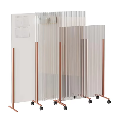 Modern Transparent Room Divider With Copper Frames And Caster Wheels For Home Office 3d model