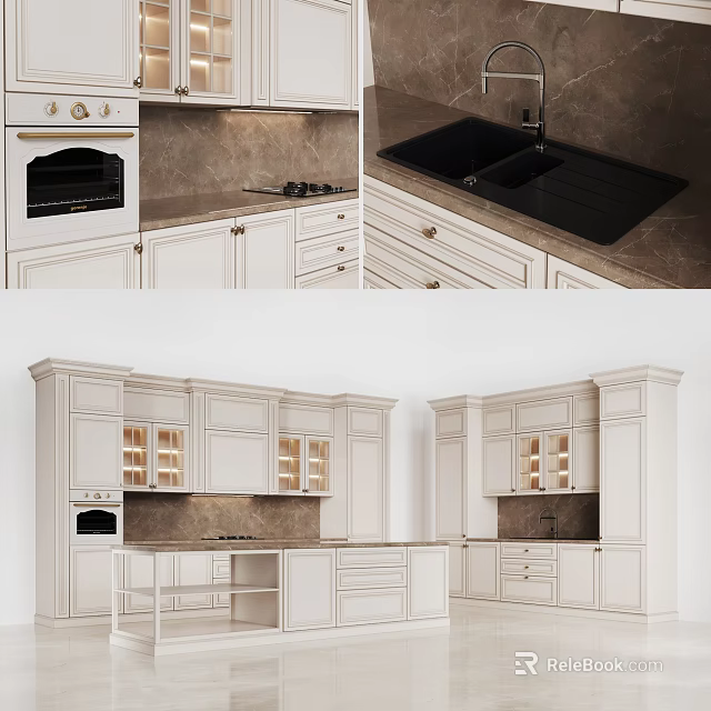Modern Kitchen Interior With White Cabinets Marble Island Countertop And Appliances 3d model 