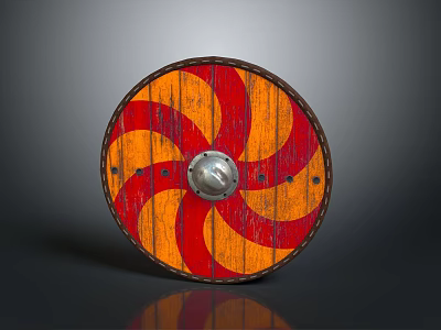 Medieval Round Shield Weapon With Red And Orange Spiral Pattern Leather Rim And Metal Boss 3d model