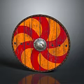 Medieval Round Shield Weapon With Red And Orange Spiral Pattern Leather Rim And Metal Boss