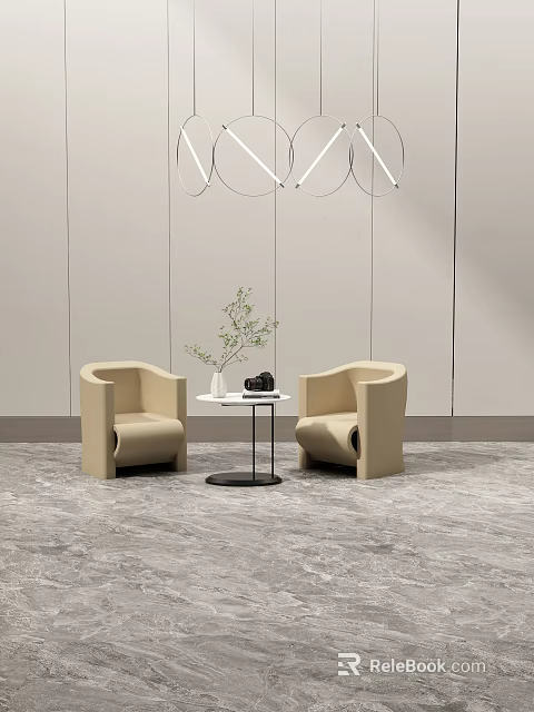 Elegant Modern Beige Armchairs And Side Table Set With Green Plant Light Wall Gray Floor 3d model 
