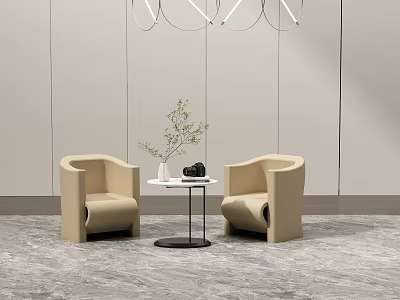 Elegant Modern Beige Armchairs And Side Table Set With Green Plant Light Wall Gray Floor 3d model