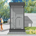Modern Glass Security Booth With Black Frame Surrounding Trees And Wall 3d model