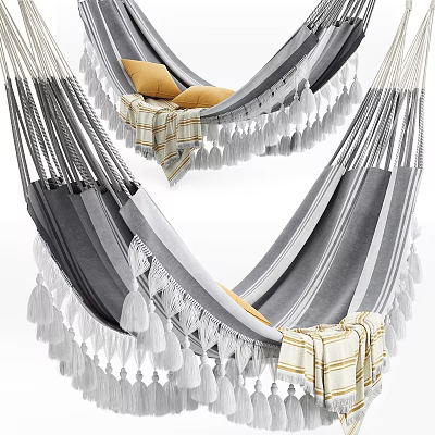 Gray And White Striped Hammock With Tassels Yellow Pillows And Striped Blankets 3d model