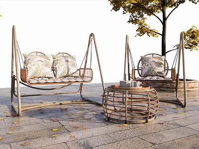Outdoor Rattan Swing Chairs With Cushions And Small Coffee Table In Garden Patio 3d model