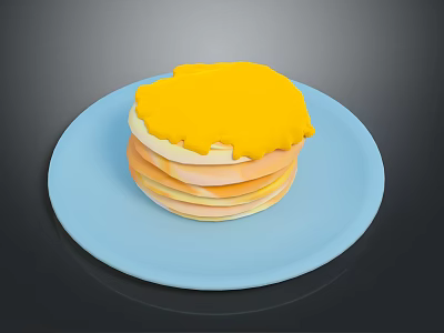 Stack of Fluffy Pancakes Topped with Yellow Sauce on Blue Plate 3d model