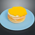 Stack of Fluffy Pancakes Topped with Yellow Sauce on Blue Plate