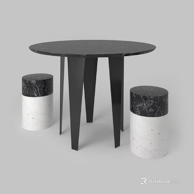 Round Black Marble Top Outdoor Table With Black Legs And Black White Marble Stools 3d model 
