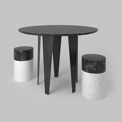 Round Black Marble Top Outdoor Table With Black Legs And Black White Marble Stools 3d model