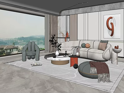 Light Colored Sofa And Round Coffee Table Set With Decorative Pillows Area Rug And Scenic Window View 3d model