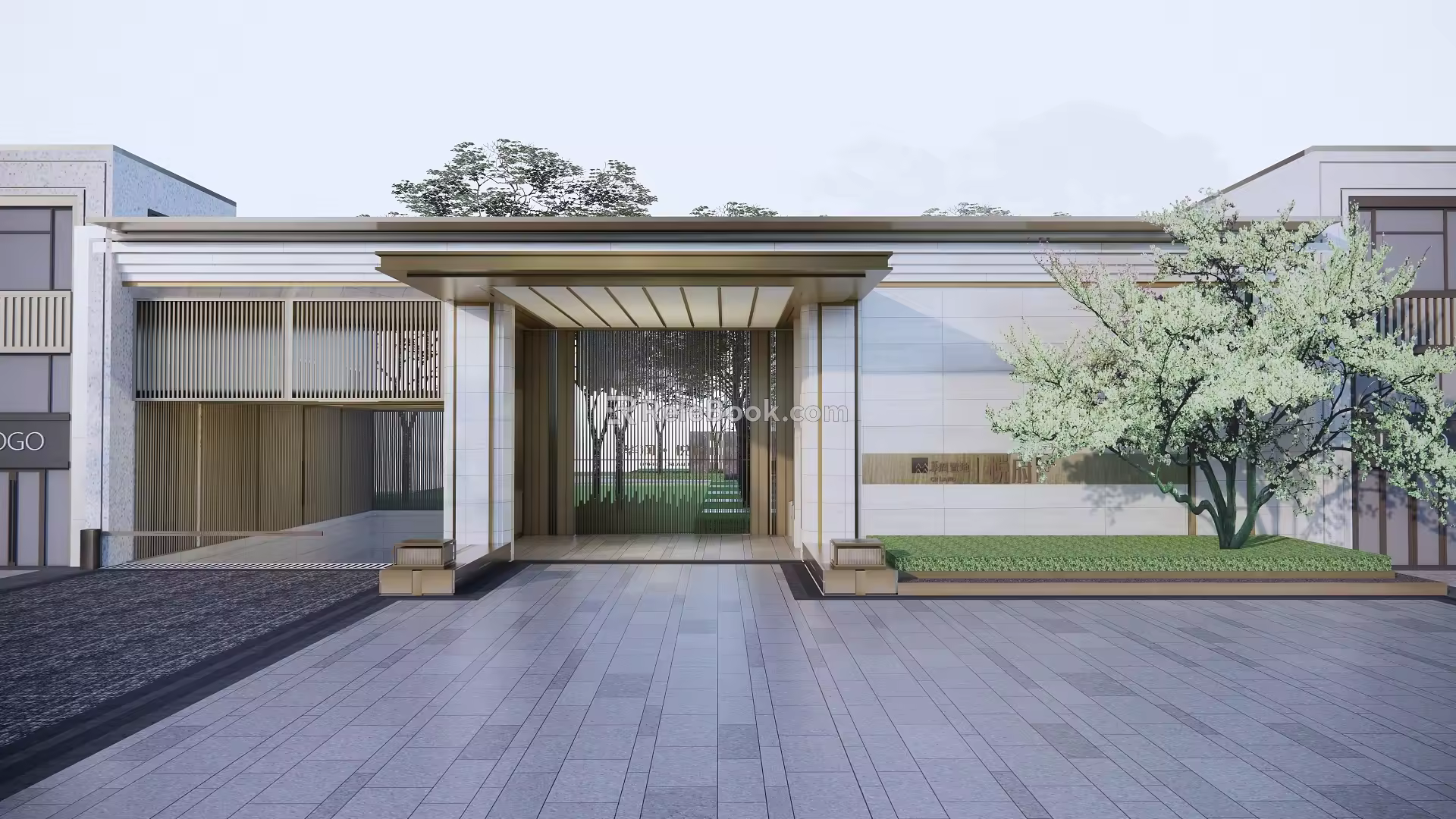 Modern gatehouse entrance axis opposite landscape wall 3d model