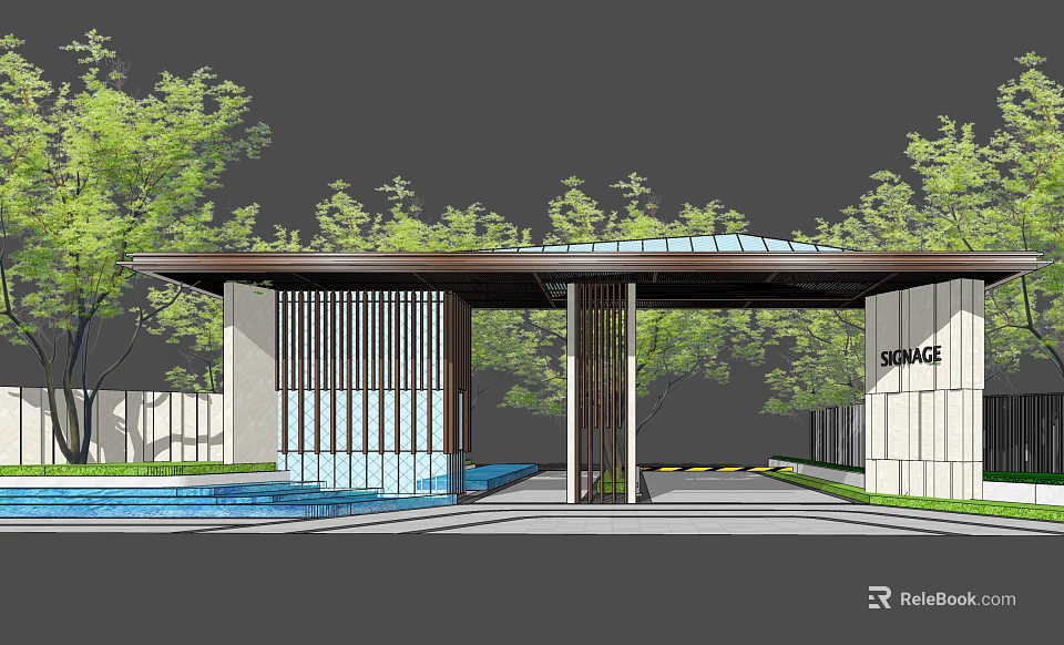 Modern Entrance Gate Design With Canopy Wooden Slats Water Pool And Trees 3d model 
