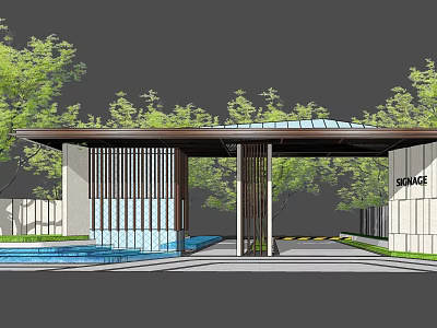 Modern Entrance Gate Design With Canopy Wooden Slats Water Pool And Trees 3d model