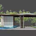 Modern Entrance Gate Design With Canopy Wooden Slats Water Pool And Trees
