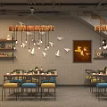 Cozy Modern Cafe Interior With Red Brick Wall and Hanging Lights Tables Chairs and Shelves