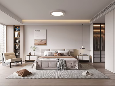 Modern Bedroom Interior Design With Open Wardrobe Accent Chair Area Rug And Artwork 3d model