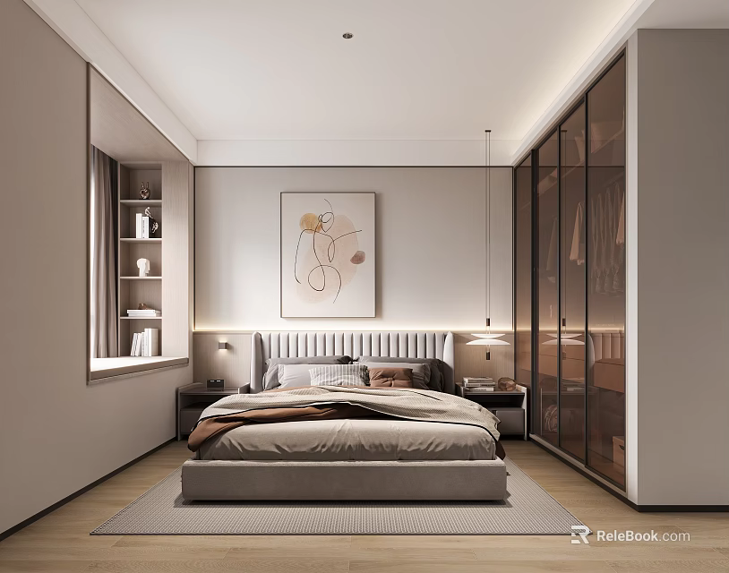 Modern Minimalist Bedroom Interior Design With Bed Nightstands Table Lamps Abstract Painting And Sliding Wardrobe 3d model 