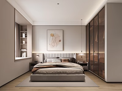 Modern Minimalist Bedroom Interior Design With Bed Nightstands Table Lamps Abstract Painting And Sliding Wardrobe 3d model