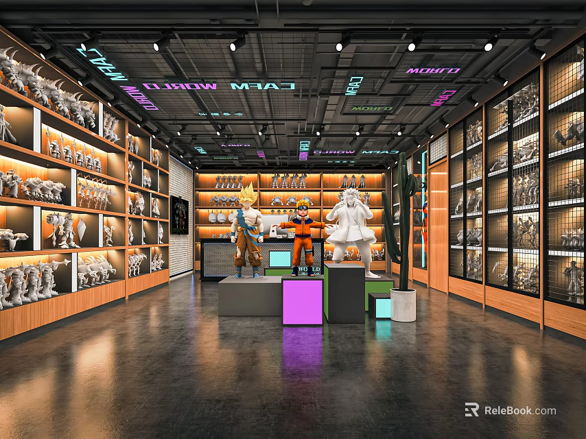 Modern Collectibles Specialty Store Interior With Shelves Display And Colorful Lighting 3d model 