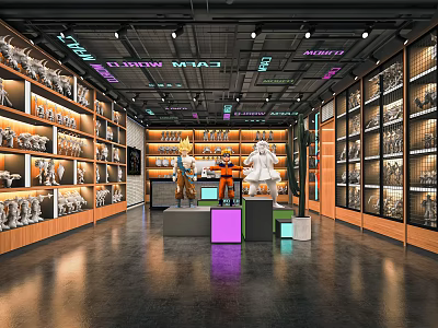 Modern Collectibles Specialty Store Interior With Shelves Display And Colorful Lighting 3d model