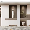 Modern Shoe Cabinet With Wooden Panels White Storage And Display Area With Plant And Stool