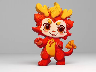 Cute Red And Yellow Cartoon Dragon Figure With Flame Hair And Antlers 3d model