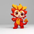 Cute Red And Yellow Cartoon Dragon Figure With Flame Hair And Antlers